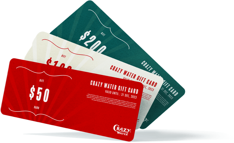 Crazy Water gift cards in various denominations