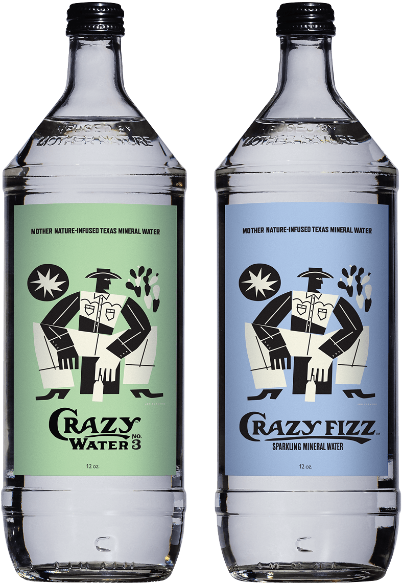 Crazy Water Collectable Bottles - Crazy Water No. 3, and Crazy Fizz sparkling mineral water.